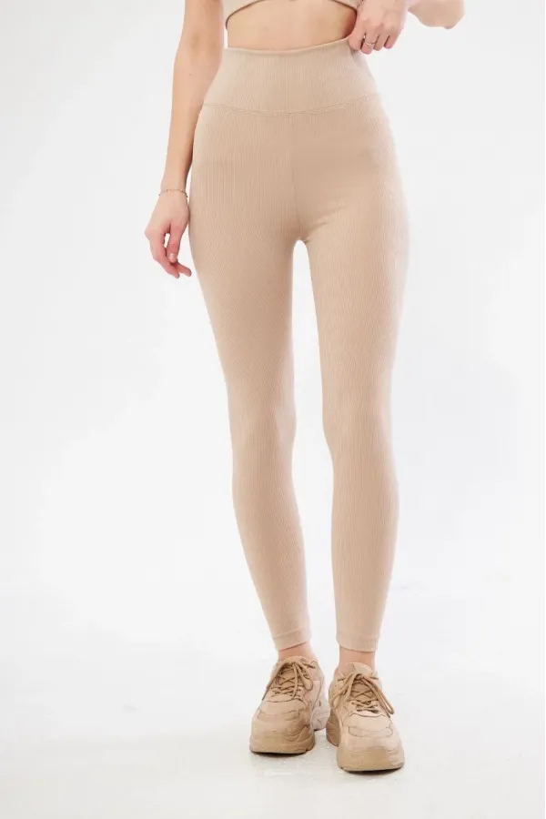 Kadın Fitilli Full Likralı Yüksek Bel Toparlayıcı Tayt Günlük ve Spor Kullanım - Bej