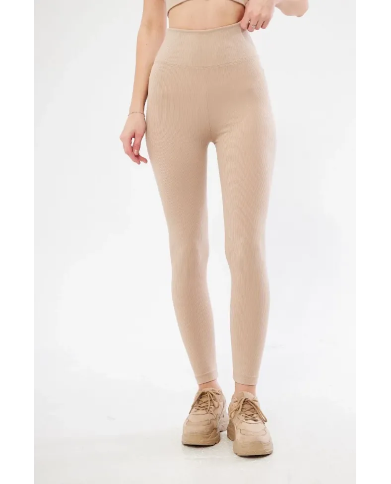 Kadın Fitilli Full Likralı Yüksek Bel Toparlayıcı Tayt Günlük ve Spor Kullanım - Bej