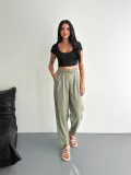 Kadın Yüksel Bel Beli Bağcıklı Cepli Rahat Paça Pantalon - Su Yeşili