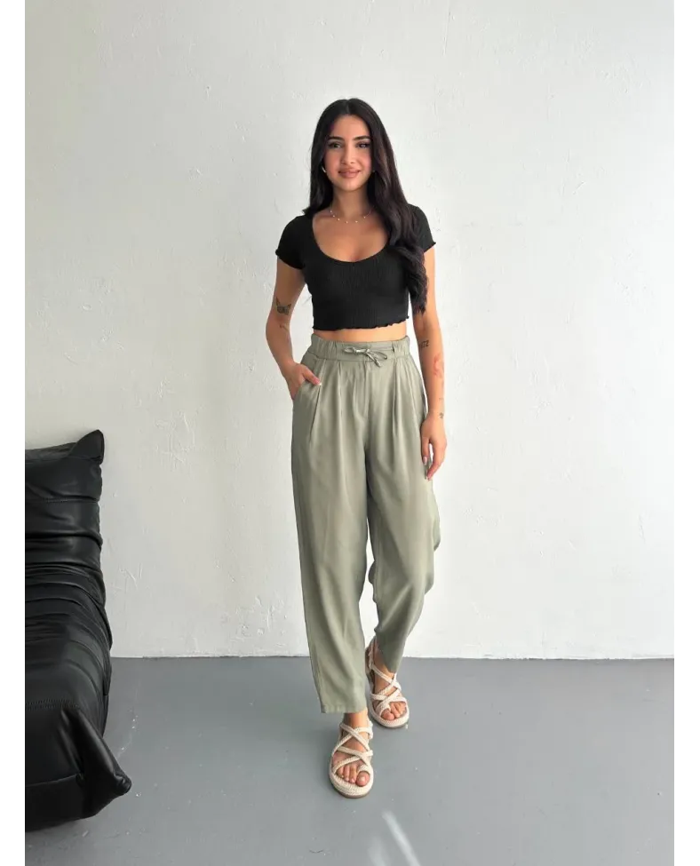 Kadın Yüksel Bel Beli Bağcıklı Cepli Rahat Paça Pantalon - Su Yeşili