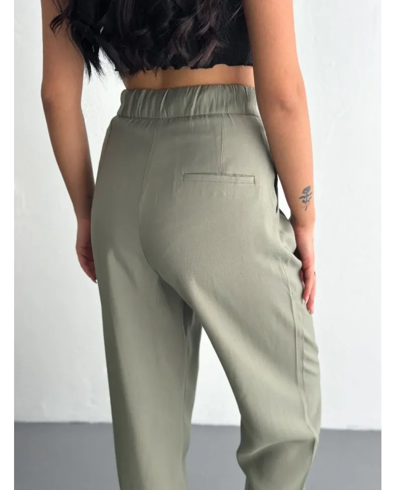 Kadın Yüksel Bel Beli Bağcıklı Cepli Rahat Paça Pantalon - Su Yeşili