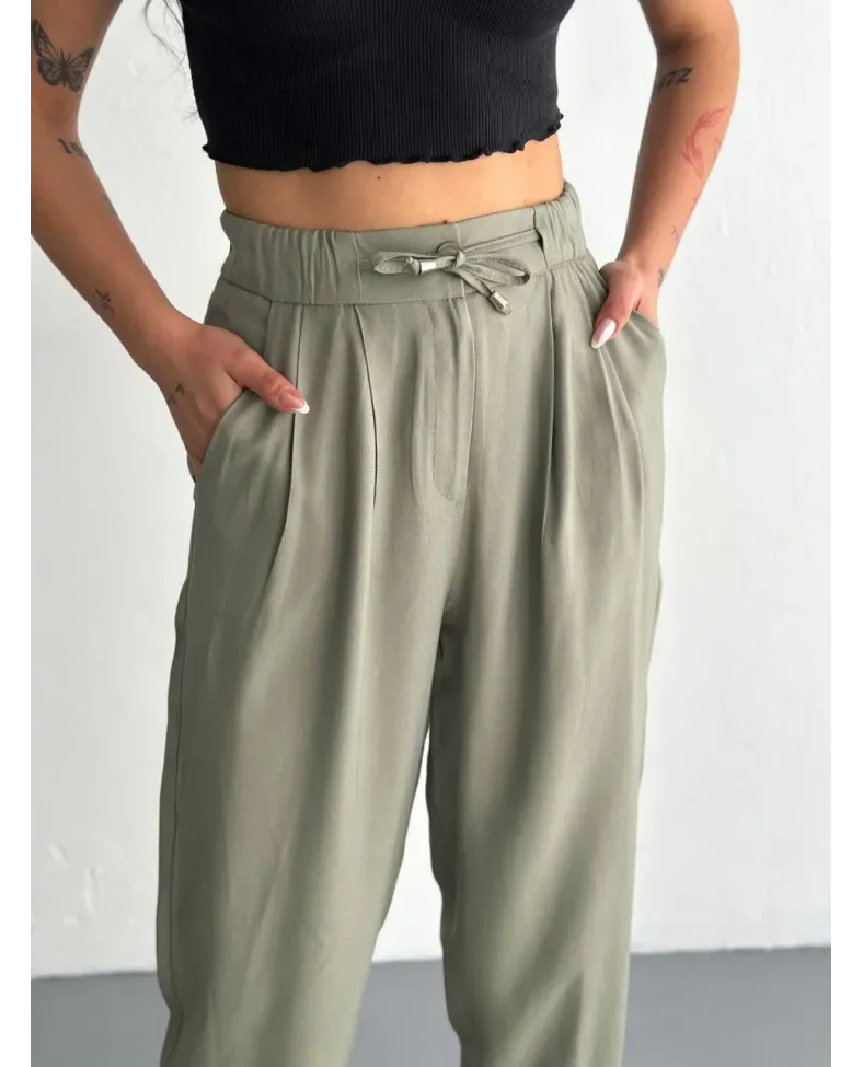 Kadın Yüksel Bel Beli Bağcıklı Cepli Rahat Paça Pantalon - Su Yeşili