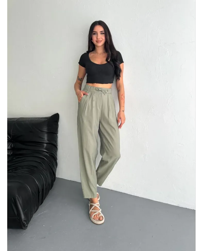 Kadın Yüksel Bel Beli Bağcıklı Cepli Rahat Paça Pantalon - Su Yeşili