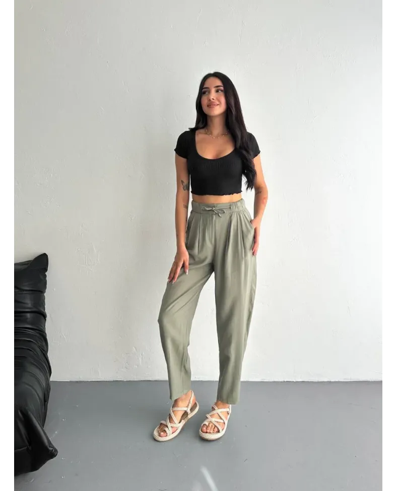 Kadın Yüksel Bel Beli Bağcıklı Cepli Rahat Paça Pantalon - Su Yeşili