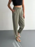 Kadın Yüksel Bel Beli Bağcıklı Cepli Rahat Paça Pantalon - Su Yeşili