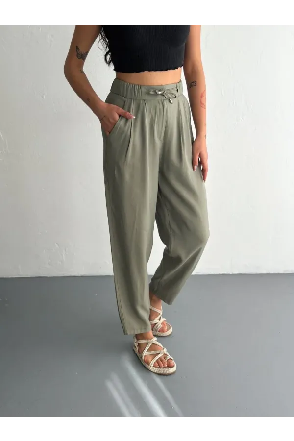 Kadın Yüksel Bel Beli Bağcıklı Cepli Rahat Paça Pantalon - Su Yeşili