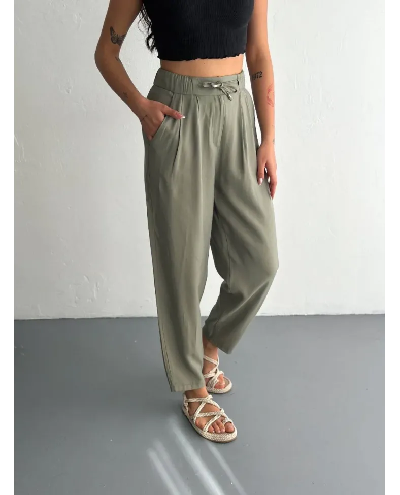 Kadın Yüksel Bel Beli Bağcıklı Cepli Rahat Paça Pantalon - Su Yeşili