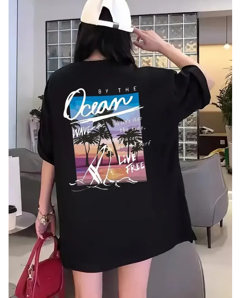 Kadınlar İçin Geniş Kesim Tişört - Kısa Kollu Bol Kesim Manzaralı Okyanus Baskı - Siyah