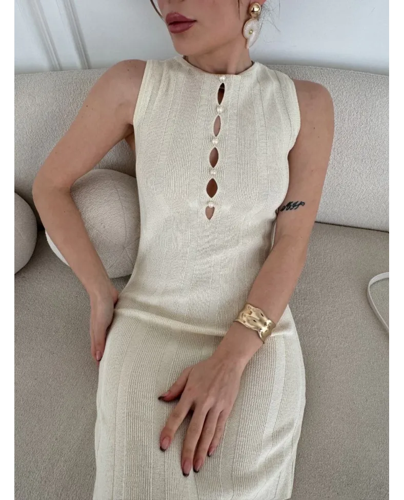 Kalın Fitilli Uzun Triko Elbise - Kırık Beyaz