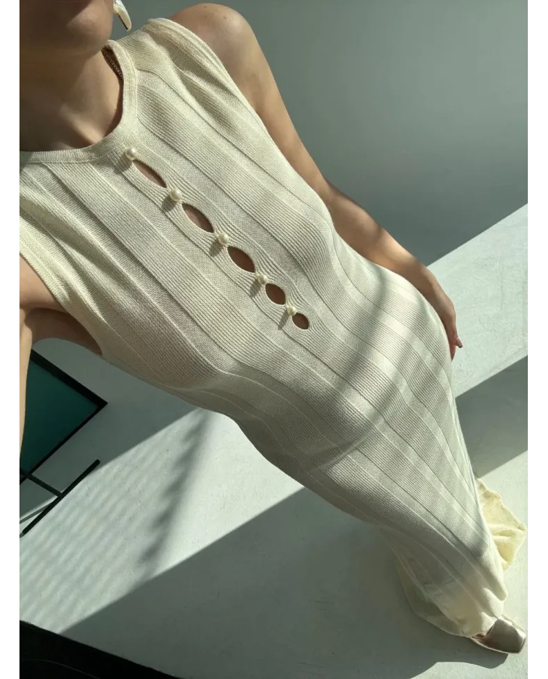 Kalın Fitilli Uzun Triko Elbise - Kırık Beyaz