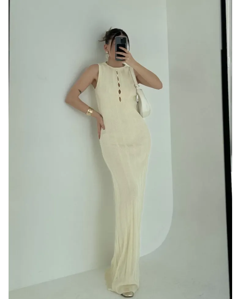 Kalın Fitilli Uzun Triko Elbise - Kırık Beyaz