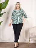 Kadın Desenli Püsküllü Viskon Bluz Bebe Yaka Kısa Kollu Big Size Rahat Kesim - Desenli