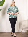 Kadın Desenli Püsküllü Viskon Bluz Bebe Yaka Kısa Kollu Big Size Rahat Kesim - Desenli