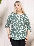 Kadın Desenli Püsküllü Viskon Bluz Bebe Yaka Kısa Kollu Big Size Rahat Kesim - Desenli