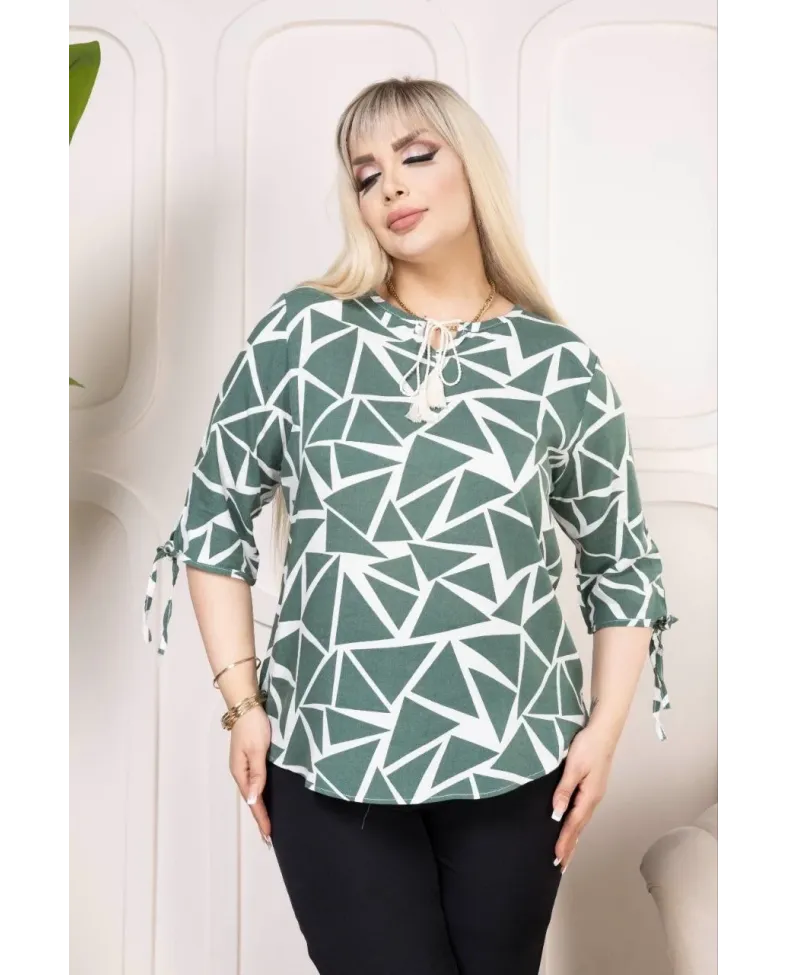 Kadın Desenli Püsküllü Viskon Bluz Bebe Yaka Kısa Kollu Big Size Rahat Kesim - Desenli
