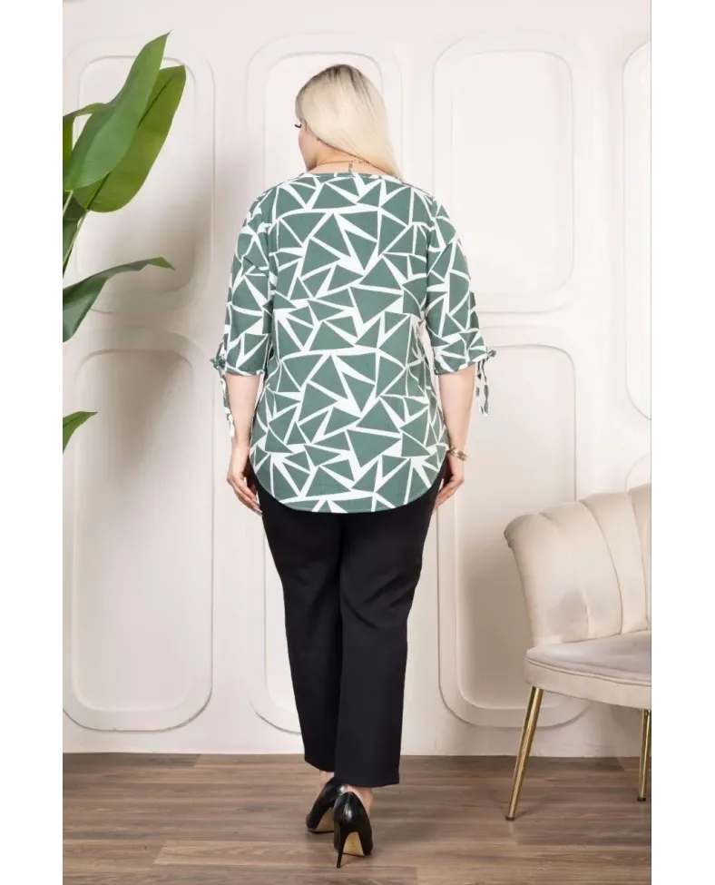 Kadın Desenli Püsküllü Viskon Bluz Bebe Yaka Kısa Kollu Big Size Rahat Kesim - Desenli