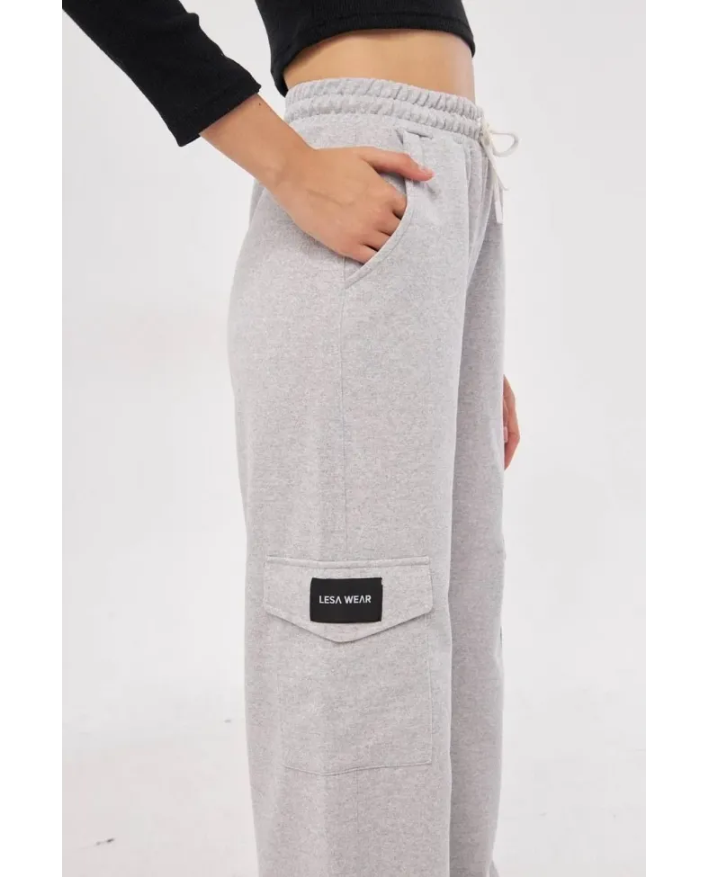 Kargo Cepli Palazzo Oversize Kesim İki iplik Bol Paça Eşofman Altı Pantalon - Gri