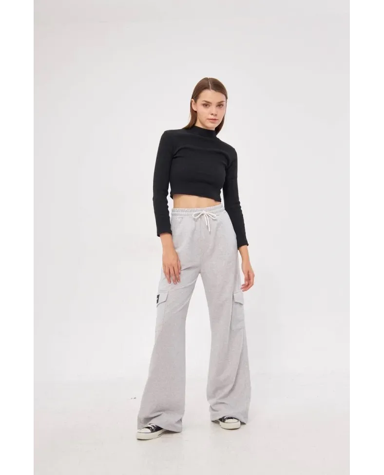 Kargo Cepli Palazzo Oversize Kesim İki iplik Bol Paça Eşofman Altı Pantalon - Gri