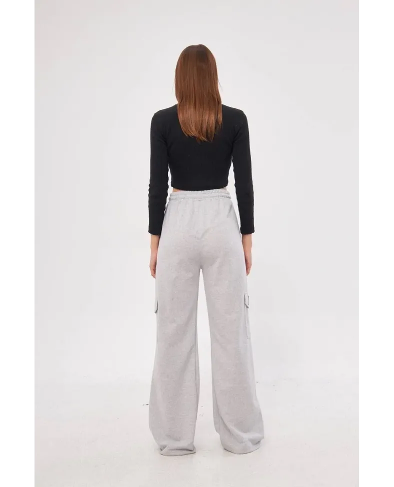 Kargo Cepli Palazzo Oversize Kesim İki iplik Bol Paça Eşofman Altı Pantalon - Gri