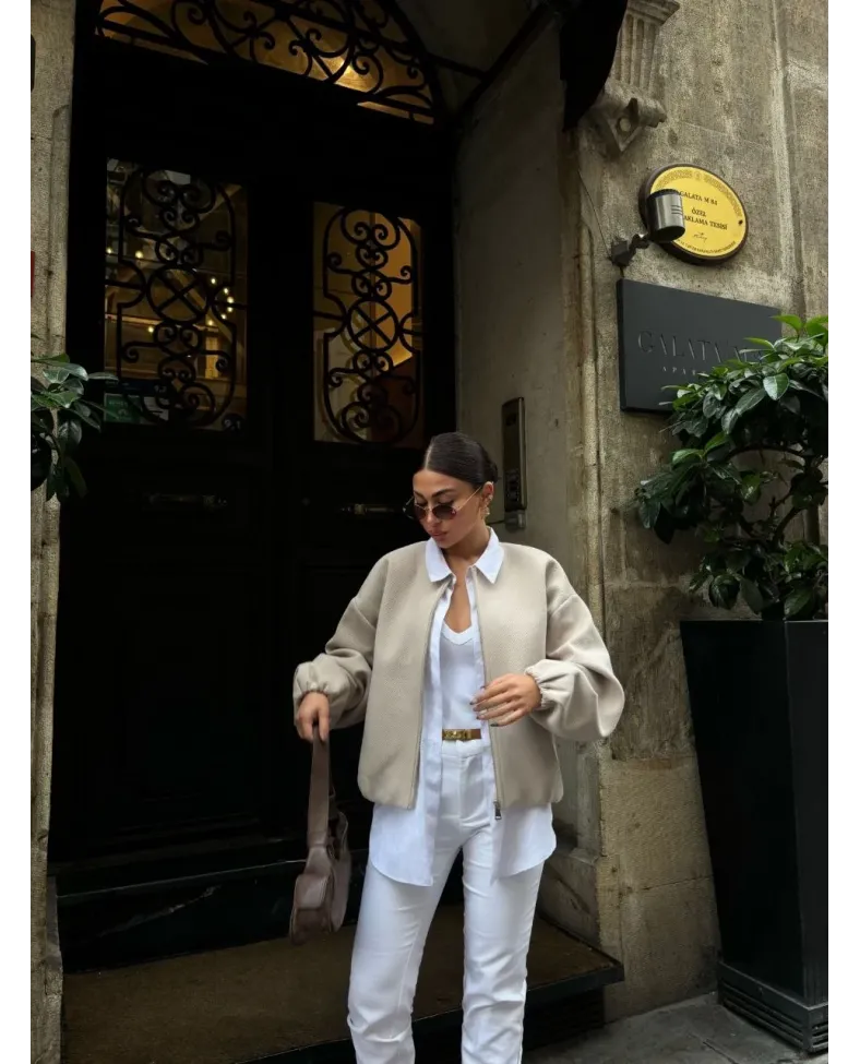 Kaşe Kaşmir Fermuarlı CEKET - Bej