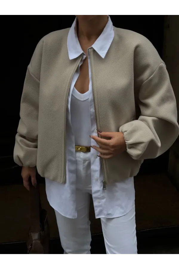 Kaşe Kaşmir Fermuarlı CEKET - Bej