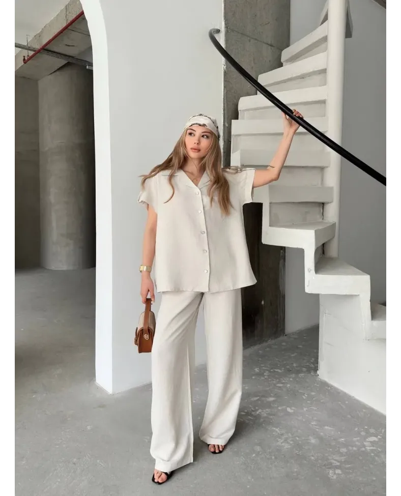 Keten Kısa Kollu Cepli Gömlek Pantolon ikili Takım - Beyaz