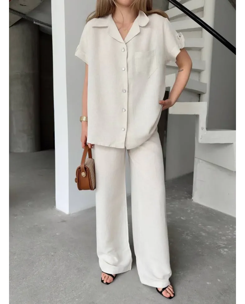 Keten Kısa Kollu Cepli Gömlek Pantolon ikili Takım - Beyaz