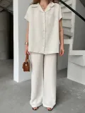 Keten Kısa Kollu Cepli Gömlek Pantolon ikili Takım - Beyaz