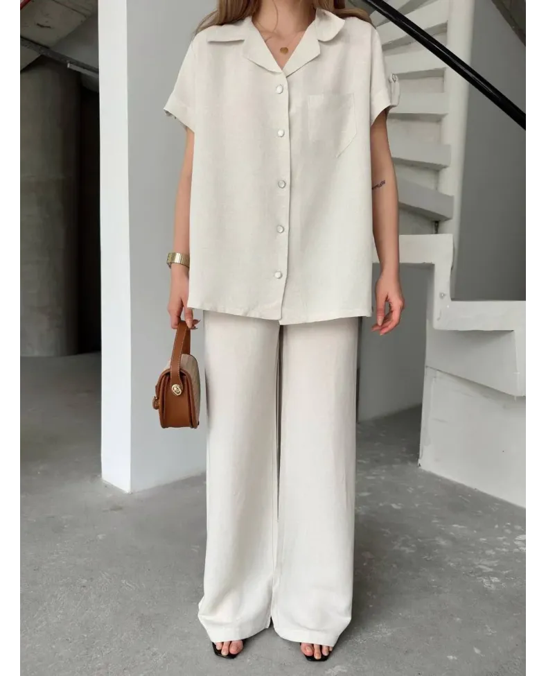 Keten Kısa Kollu Cepli Gömlek Pantolon ikili Takım - Beyaz