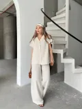 Keten Kısa Kollu Cepli Gömlek Pantolon ikili Takım - Beyaz