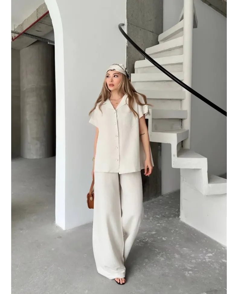 Keten Kısa Kollu Cepli Gömlek Pantolon ikili Takım - Beyaz