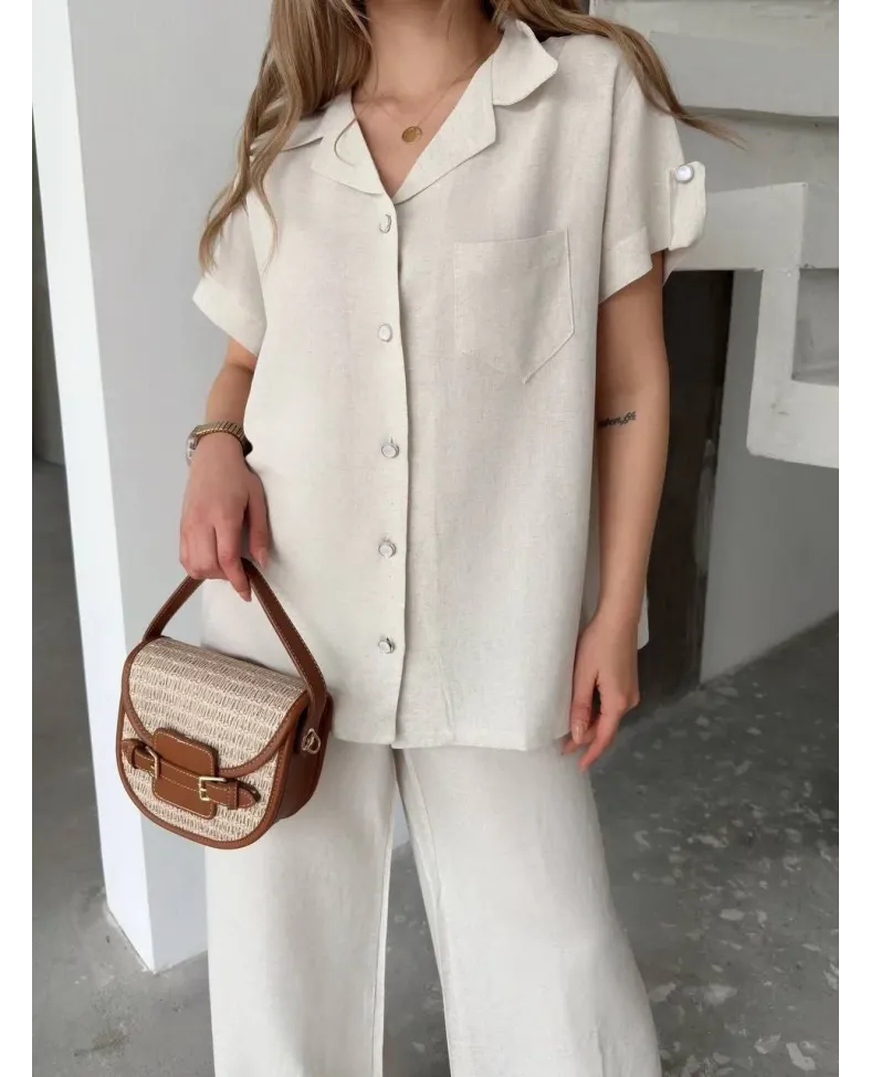 Keten Kısa Kollu Cepli Gömlek Pantolon ikili Takım - Beyaz