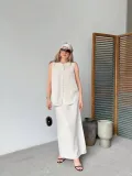 Keten Kolsuz Sıfır Yaka İlik Düğmeli Kolsuz Hırka Etek ikili Takım - Beyaz