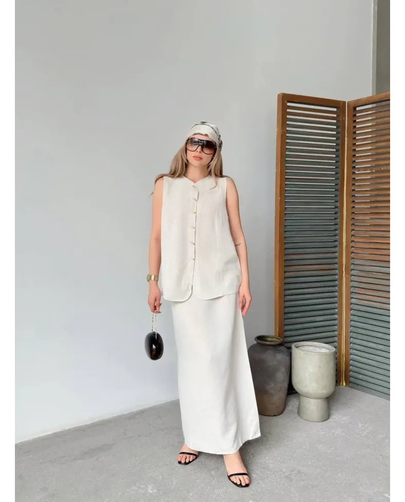 Keten Kolsuz Sıfır Yaka İlik Düğmeli Kolsuz Hırka Etek ikili Takım - Beyaz