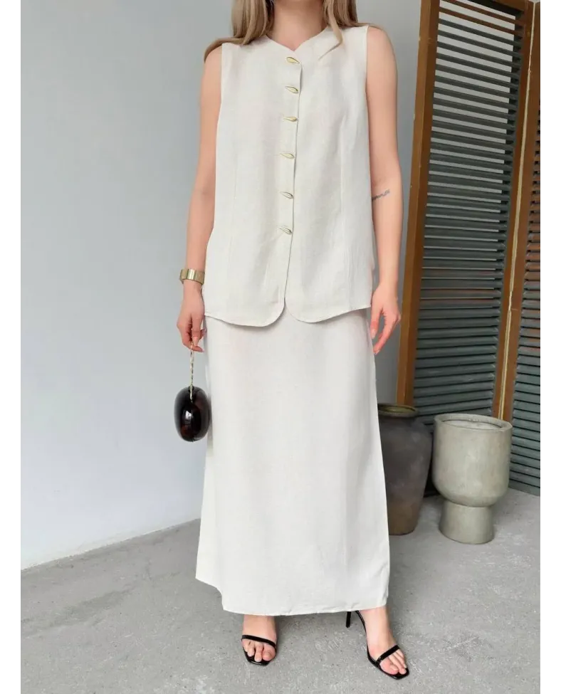 Keten Kolsuz Sıfır Yaka İlik Düğmeli Kolsuz Hırka Etek ikili Takım - Beyaz