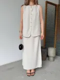 Keten Kolsuz Sıfır Yaka İlik Düğmeli Kolsuz Hırka Etek ikili Takım - Beyaz