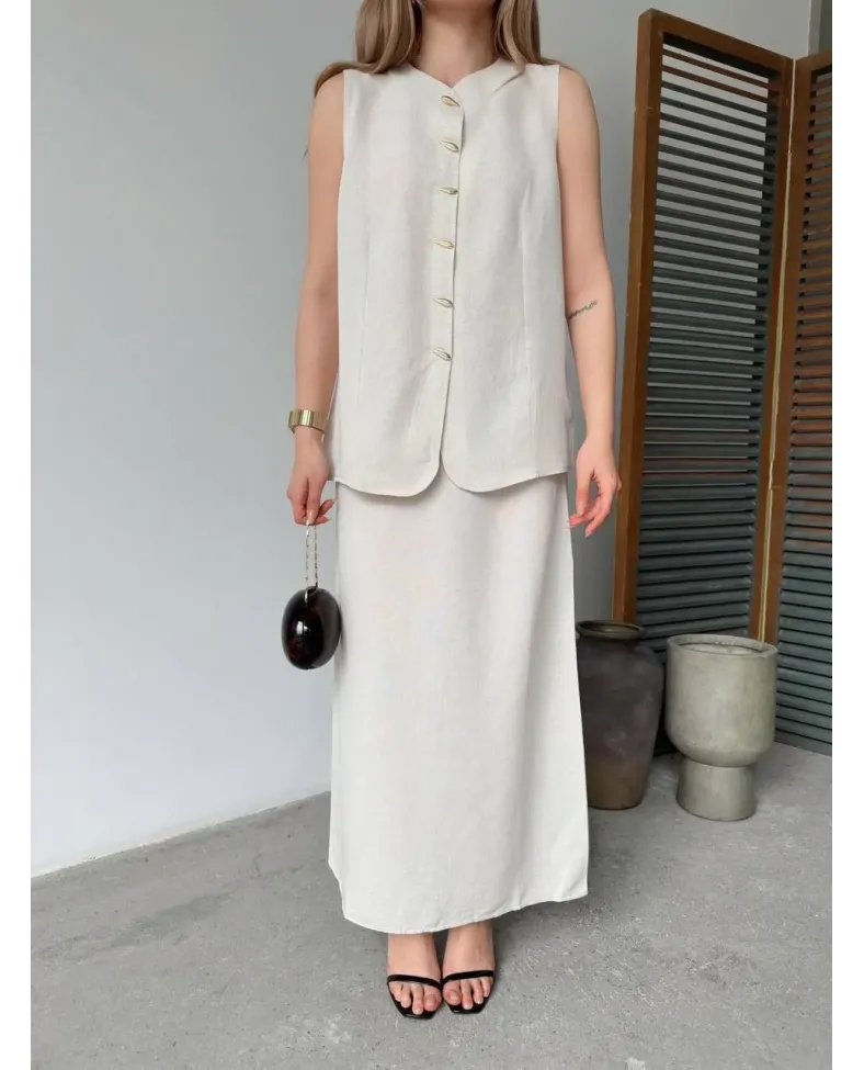 Keten Kolsuz Sıfır Yaka İlik Düğmeli Kolsuz Hırka Etek ikili Takım - Beyaz