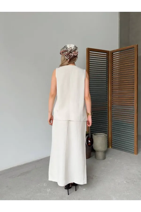 Keten Kolsuz Sıfır Yaka İlik Düğmeli Kolsuz Hırka Etek ikili Takım - Beyaz