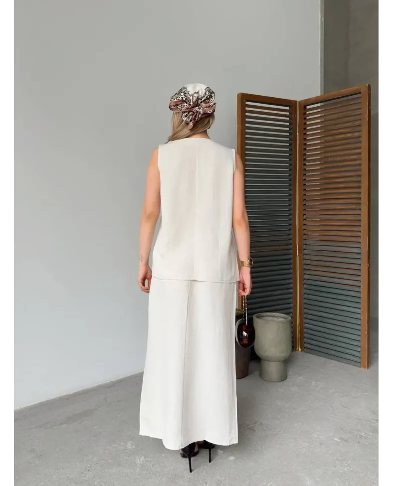 Keten Kolsuz Sıfır Yaka İlik Düğmeli Kolsuz Hırka Etek ikili Takım - Beyaz