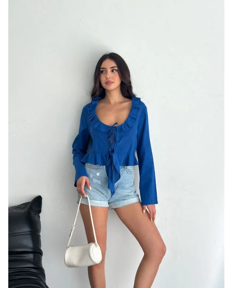 Keten Uzun Kol Bağacık Detaylı Bluz - Lacivert