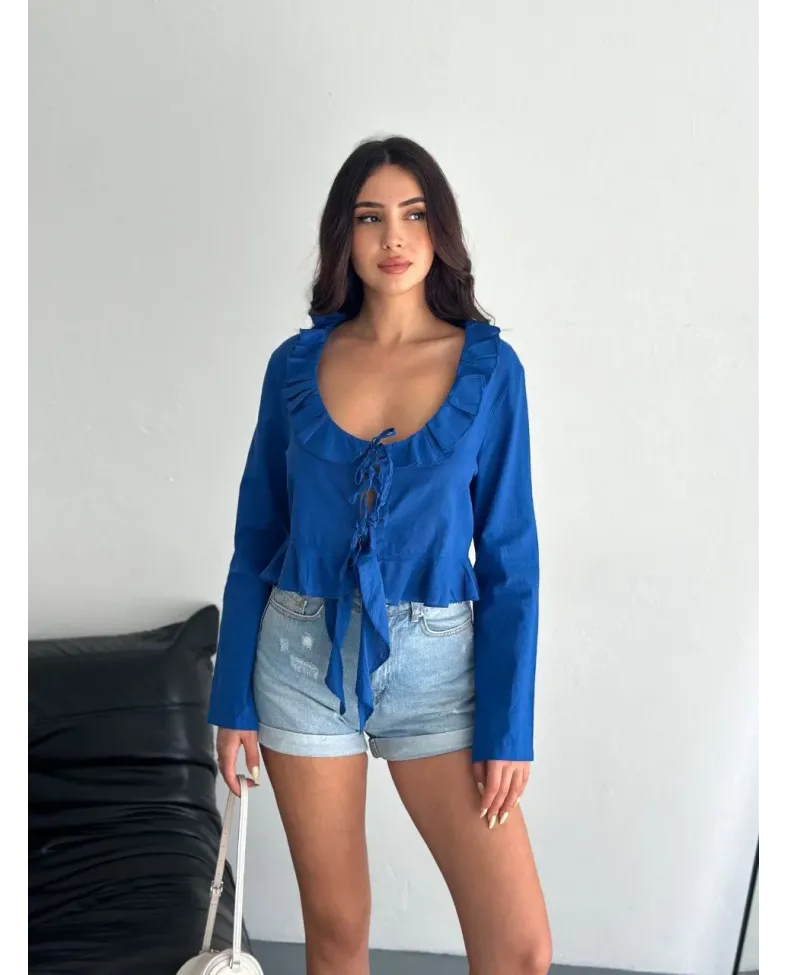 Keten Uzun Kol Bağacık Detaylı Bluz - Lacivert