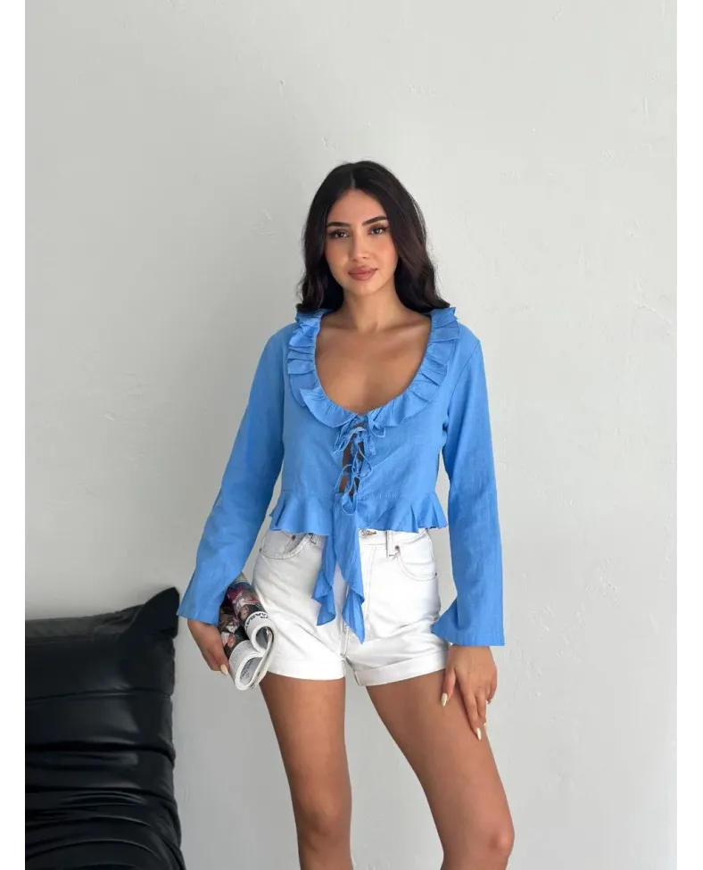 Kadın Keten Uzun Kol Bağacık Detaylı Bluz - Mavi