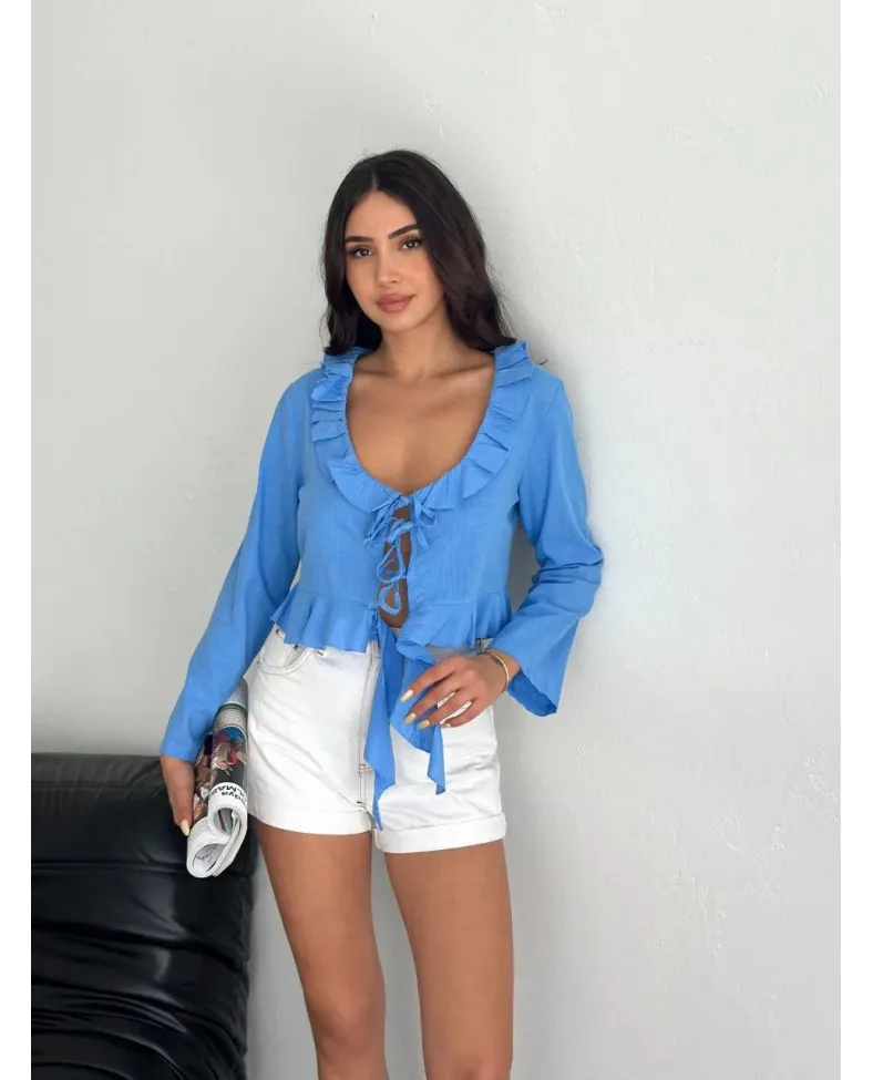 Kadın Keten Uzun Kol Bağacık Detaylı Bluz - Mavi