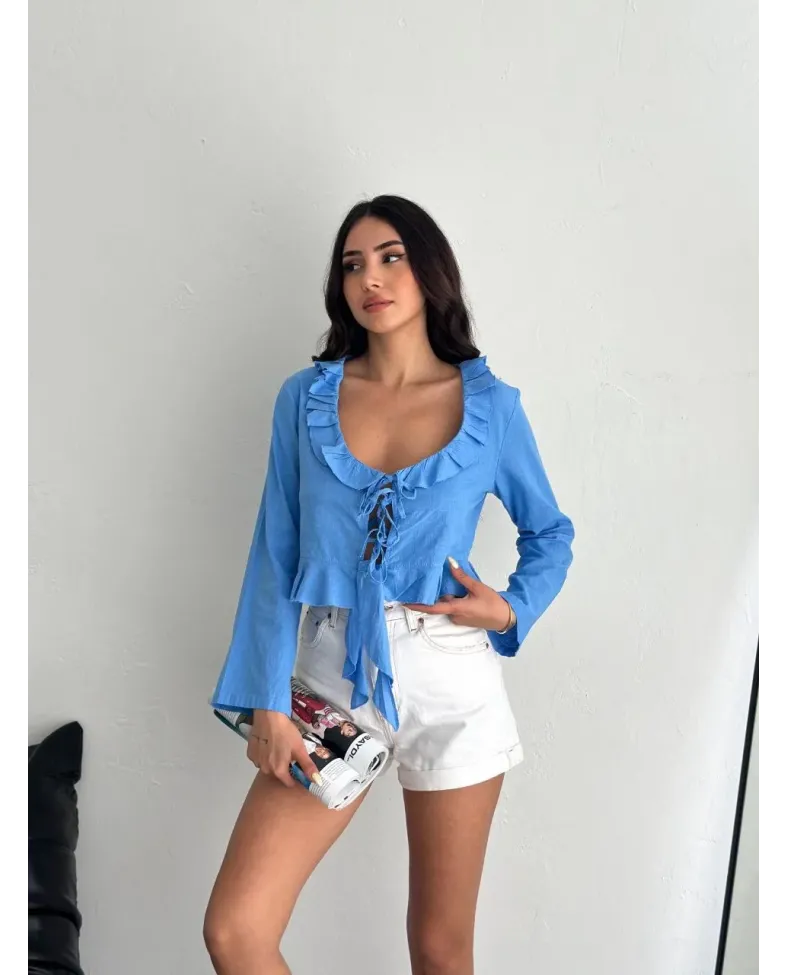 Kadın Keten Uzun Kol Bağacık Detaylı Bluz - Mavi