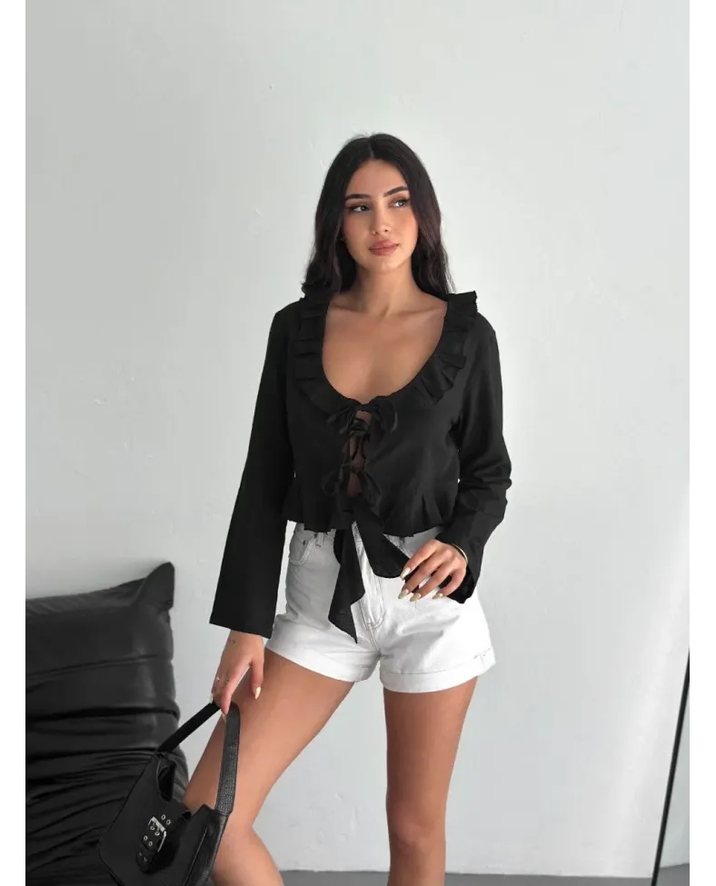 Keten Uzun Kol Bağacık Detaylı Bluz - Siyah