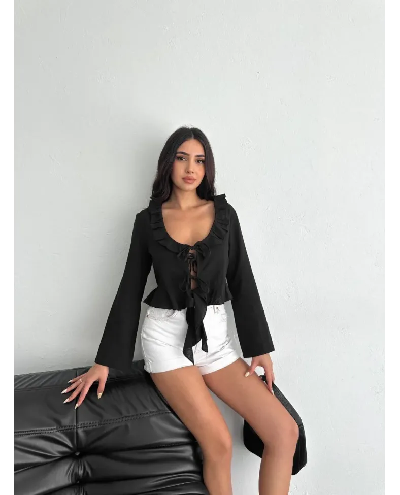 Keten Uzun Kol Bağacık Detaylı Bluz - Siyah