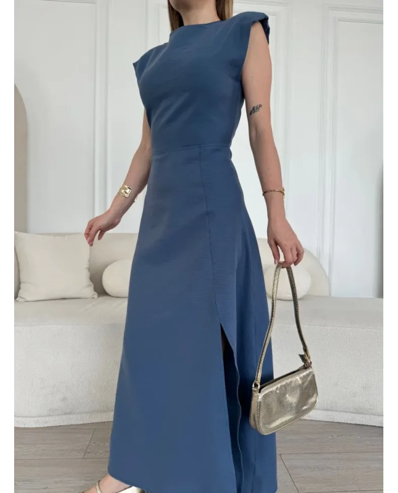 Keten Yandan Yırtmaçlı Uzun Elbise Sıfır Kol Elbise - Mavi