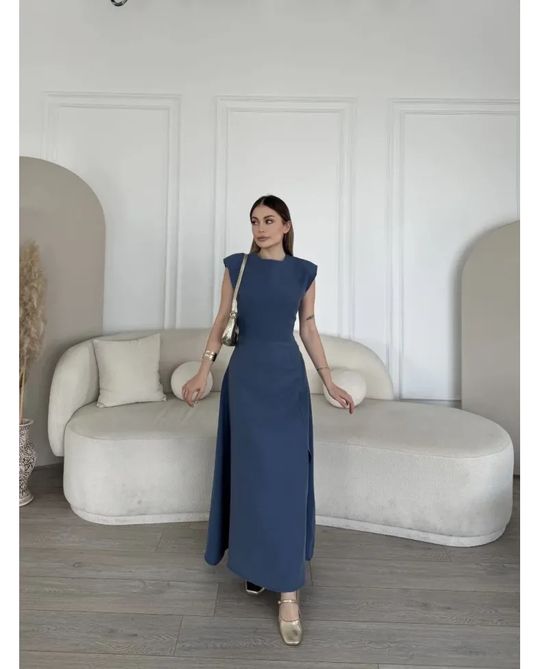 Keten Yandan Yırtmaçlı Uzun Elbise Sıfır Kol Elbise - Mavi