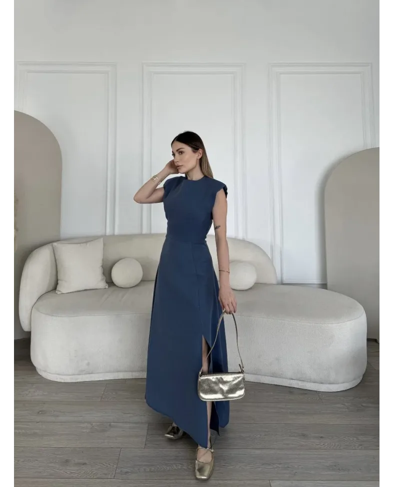 Keten Yandan Yırtmaçlı Uzun Elbise Sıfır Kol Elbise - Mavi