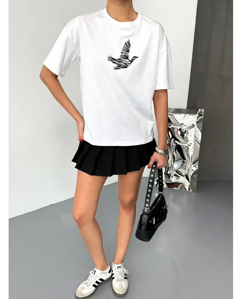 KADIN Baskılı T-Shirt Kısa Kol Bisiklet Yaka Regular Fit Yazlık Tişört - Beyaz